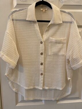 Waffle-Knit Button-Front Shirt in Cream